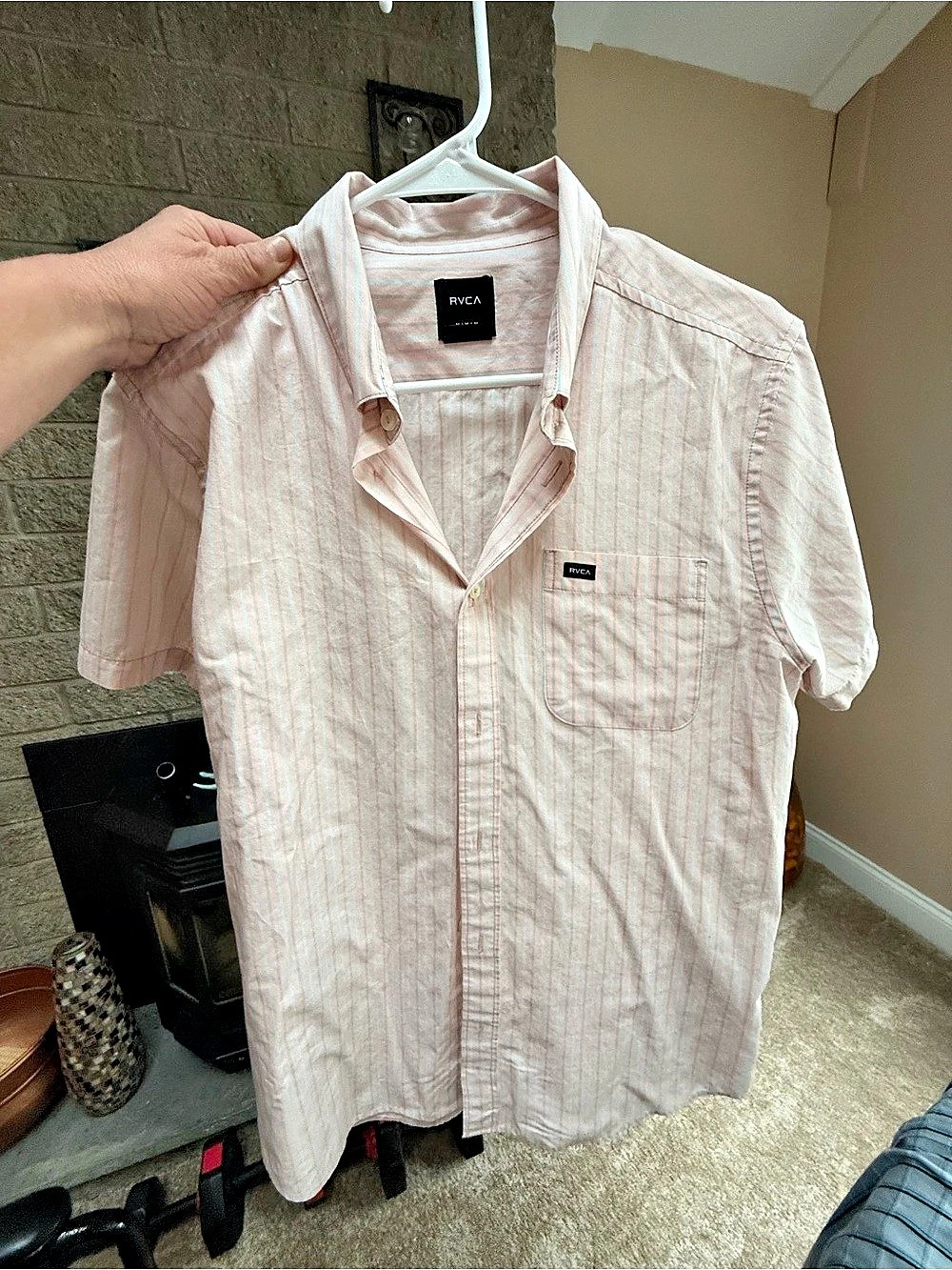 RVCA Striped Short Sleeve Shirt in Pink & White Size Medium